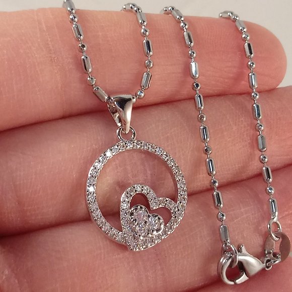18K White Gold Filled Heart Shape Circle Layer Diamond Zircon Pendant Necklace - Picture 2 of 4